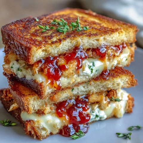Goldene Goat Cheese & Hot Honey Chicken Grilled Cheese auf Sauerteig, köstlich geschmolzen.