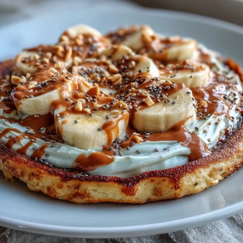 Gefüllte Schüssel mit High-Protein Breakfast Pizza Bowl, belegt mit Bananenscheiben und Erdnussbutter-Tropfen auf cremigem Joghurt.