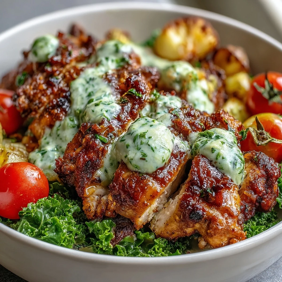 Vibrant Chimichurri Grilled Chicken Bowl with creamy garlic sauce, roasted veggies, and sautéed greens for a healthy meal.