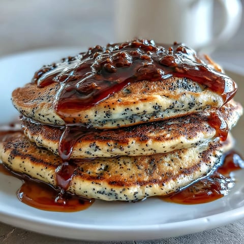 Fluffy Black Sesame Pancakes stacked high, drizzled with maple syrup and topped with fresh berries on a rustic plate.