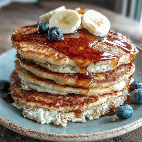 Fluffige, goldbraune Flourless Cottage Cheese Pancakes auf einem Teller mit frischen Beeren und Ahornsirup getopft.