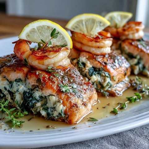 Goldene, ofenfrische Crab and Shrimp Stuffed Salmon auf einem dunklen Teller, garniert mit Zitronenscheiben.