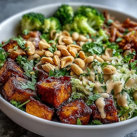 Geröstete Süßkartoffeln im Thai Peanut Sweet Potato Buddha Bowl mit knackigem Gemüse und frischer Koriandergarnitur