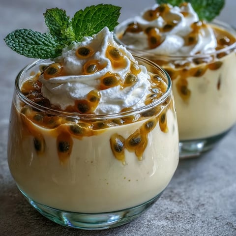 Passionfruit Mousse mit frischer Frucht und Minzzweig in einer Glasvase. Luftig, cremig und süß.