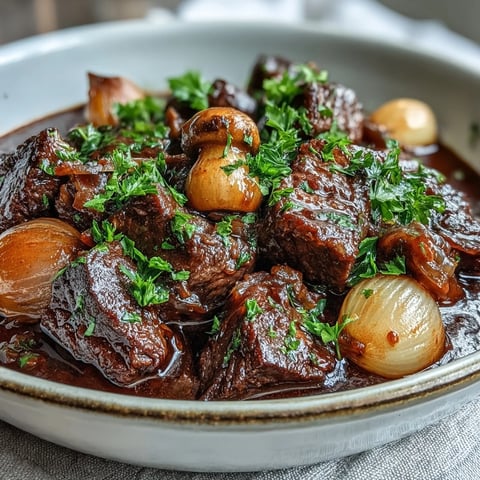 Wild Mushroom Beef Bourguignon mit saftigem Rindfleisch, Perlzwiebeln und aromatischem Pilzragout im Topf.