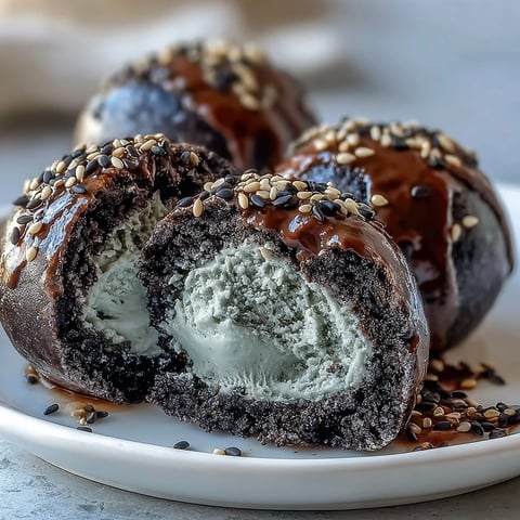 Ein weiches Black Sesame Mochi Ice Cream, umhüllt von glattem Mochiteig und mit nussigem schwarzen Sesamcreme gefüllt.