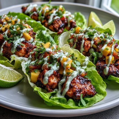 Jerk Chicken Lettuce Cups with charred chicken, sweet mango salsa, and a cool drizzle of coconut crema in buttery lettuce cups.