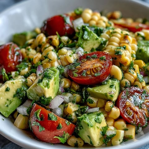 Frischer Summer Corn, Tomato, and Avocado Salad with Lime Vinaigrette mit knusprigem Mais, roten Tomaten und cremigem Avocado auf hellem Teller