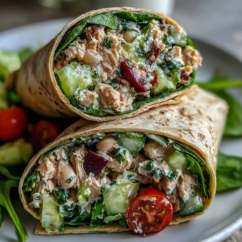 10-Minute Tuna and White Bean No-Mayo Salad Wraps with spinach tortillas, stuffed with flaky tuna, creamy beans, and vibrant diced veggies.