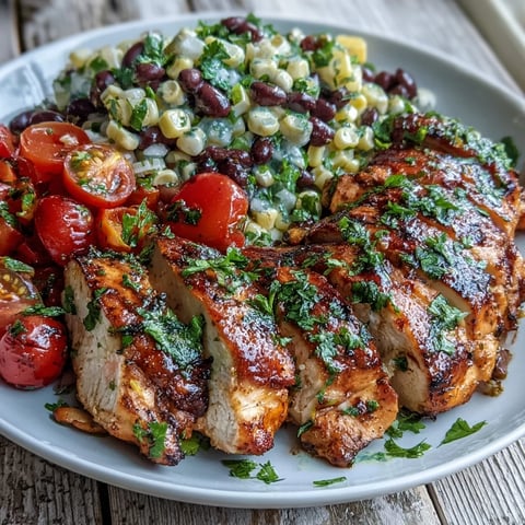 Grilled Lime Cilantro Chicken with Corn and Black Bean Salad garnished with fresh cilantro, lime wedges, and vibrant veggies on a rustic plate.