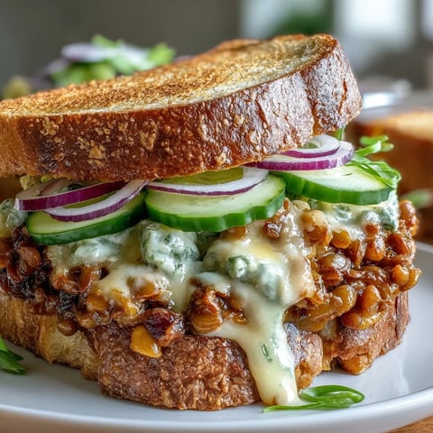 Vegan Cheeseburger Lentil Sloppy Joes piled high on golden toasted sourdough with fresh pickles and onions.