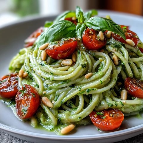 Vegan Creamy Avocado Lime Pasta with Cherry Tomatoes served in a white bowl, topped with fresh basil and toasted pine nuts.