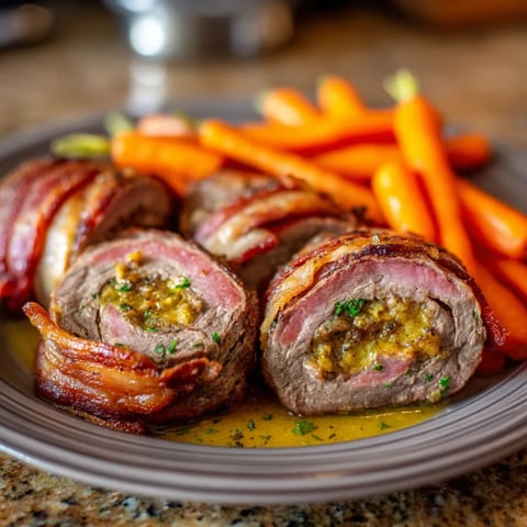Ein Plate mit Beef Rouladen und Baby Carrots.