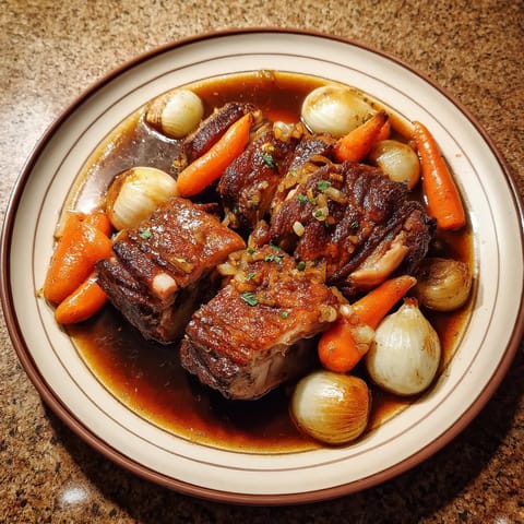 Ein Plate mit Roast Pork Shoulder und Dark Beer Jus.