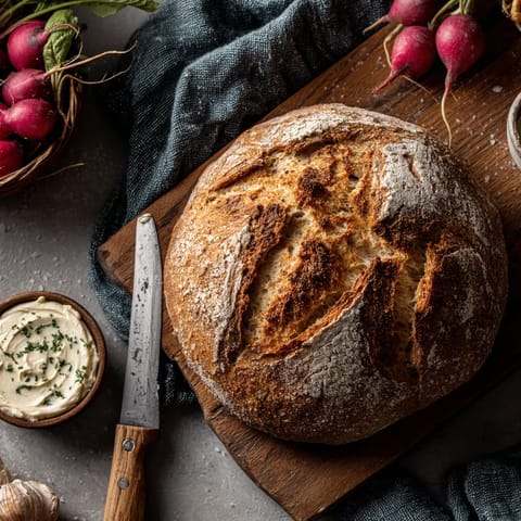 Ein Rustic Bavarian Bread mit Radish Butter auf einem Tisch.