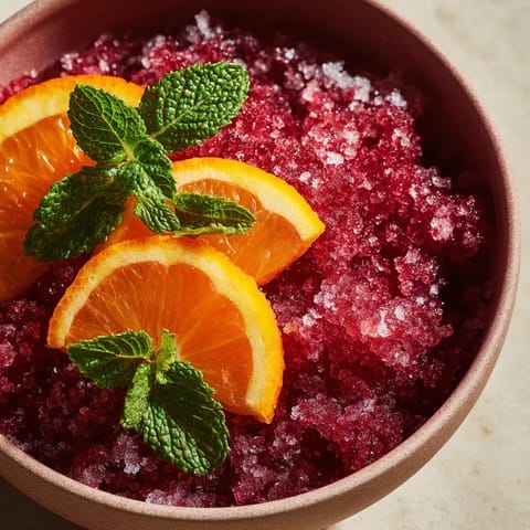 Ein Glas mit Granita, das aus Orangensaft, Mint und Zucker besteht.