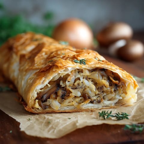 Ein Sauerkraut & Mushroom Strudel auf einem Tisch.