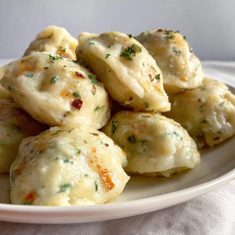 Ein weißer Teller mit quark-gefüllten Dumplings, die mit Herbs und Zwiebeln garniert sind.