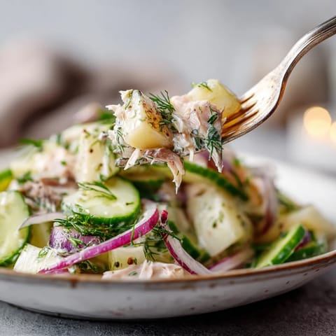 Ein Schalen mit Matjes Herring Salat, der mit Zwiebeln, Apples und Dill garniert ist.