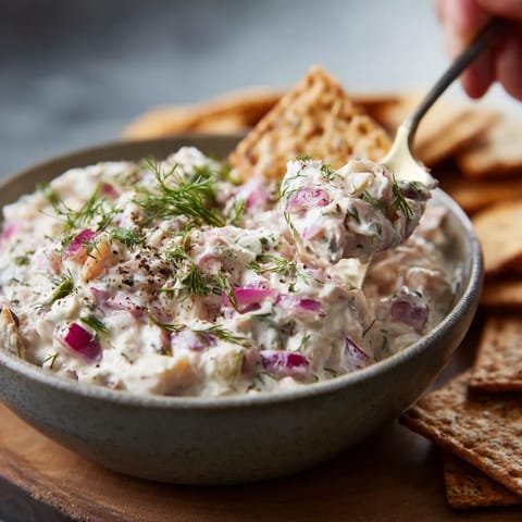 Ein Schälchen mit Buttermilch Herring Dip und Rye Crackers.