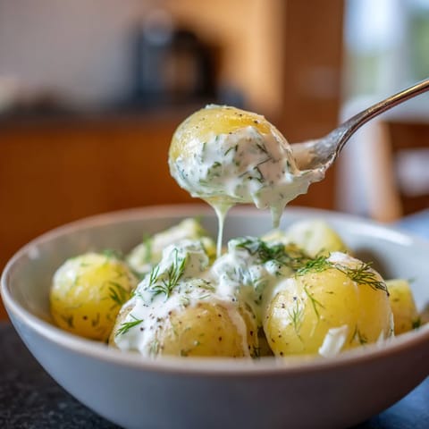 Ein Schüssel mit gekochten Paprika, die mit einer Cucumber-Dill Sauce garniert sind.