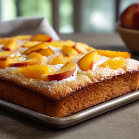 Ein Peach & Vanilla Sheet Cake auf einem Teller.