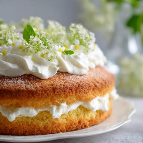 Ein Elderflower Shortcake mit Whipped Cream auf einem Teller.