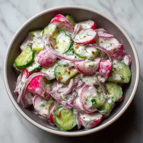 Ein Glas mit einer Salat aus Radish und Zucchini.