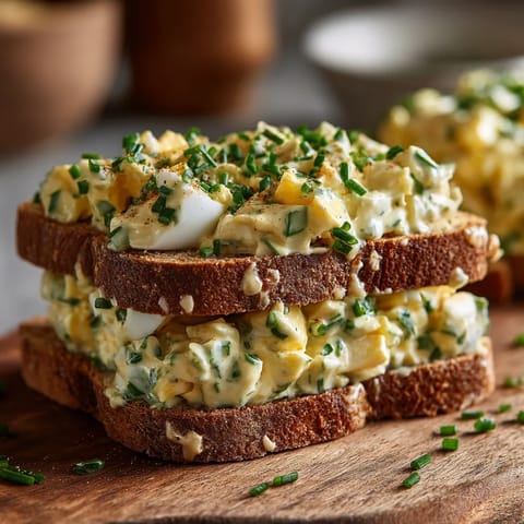 Ein offener Rührei-Sandwich mit Ei und Zwiebel auf einem Holzbrett.