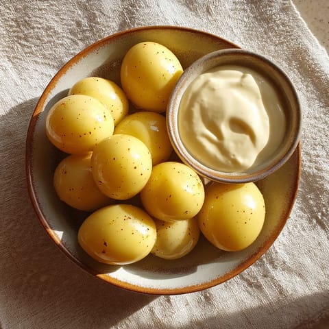 Ein Becher mit gegrillten Eiern, die mit Senf und Dill garniert sind, auf einem Teller.