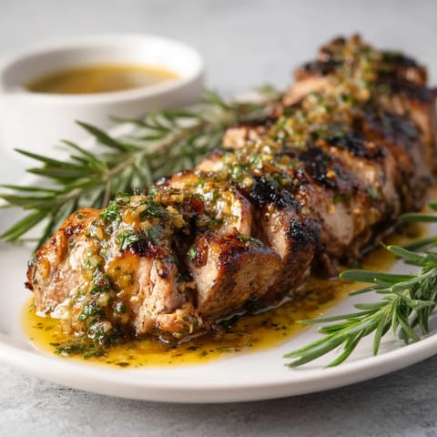 Ein Stück von Pork Tenderloin mit einer Sauce aus Senf, Zwiebeln und Kräutern, garniert mit Zwiebeln.