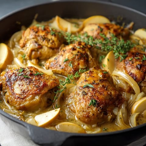 Ein Schalen mit braisierten Chicken-Thighs, die mit Zwiebeln und Apfelwein gewürzt wurden.