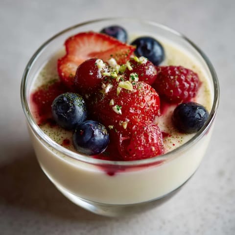 Ein Glas mit Panna Cotta, die mit Elderflower und frischen Beeren geschmückt ist.