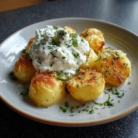 Ein weißer Teller mit grünen Kräutern und Ofenkartoffeln.