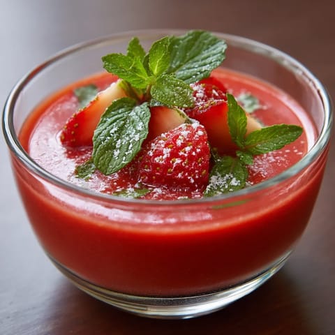 Eine Kalte Erdbeersuppe mit Minze in einem Gläschen.