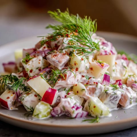 Ein großes, leckeres Matjessalat auf einem Teller, das mit verschiedenen Zutaten wie Apfel, Zwiebel und Gewürzen zubereitet wurde.