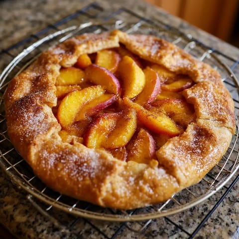 Eine Pfirsich-Galette mit Blätterteig auf einem Teller.