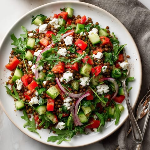 Ein Bogen Rucola, Tomaten und Linsen auf einem Boden.