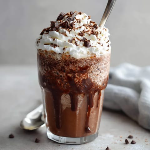 Ein Glas mit einer Milchshake, die mit Schokoladenglasur und Schokoladensirup zubereitet wurde.