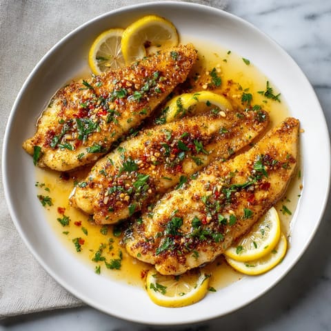 Ein weißer Teller mit Tilapia, die mit Zwiebeln und Knoblauch in einer Sauce garniert sind.