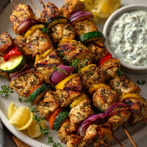 Ein Griechisches Hähnchen-Souvlaki auf einem Teller mit verschiedenen Zutaten wie Zwiebeln, Paprika, Tomaten, Zucchini, Knoblauch und Parmesan.