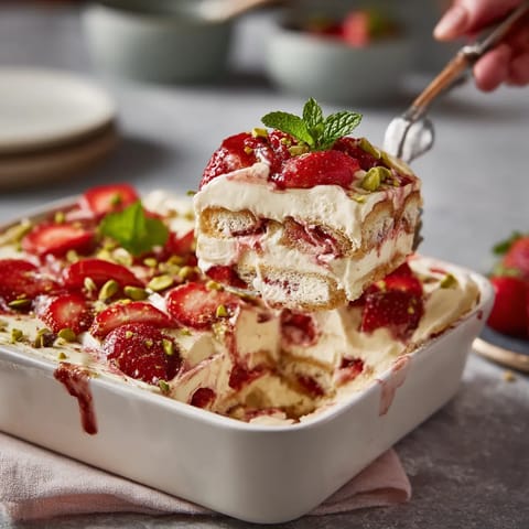 Ein Buntes Strawberry-Rhabarb Tiramisu in einem weißen Behälter.