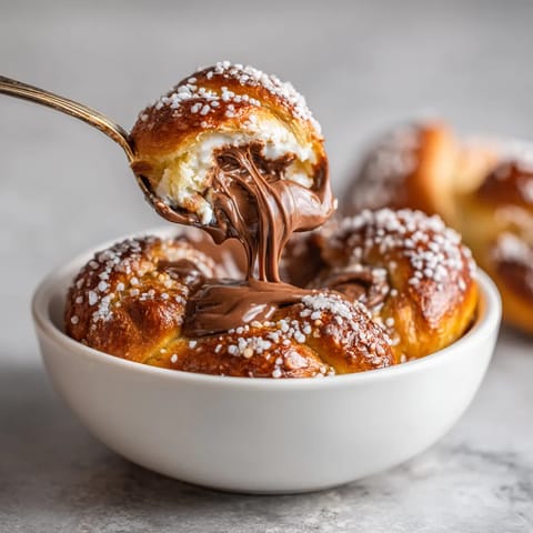 Ein weißer Teller mit Schoko-Brezel Bombs, die mit Schokoladenglasur und Zucker bestrichen sind.