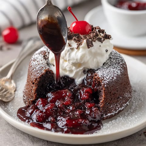 Eine Black Forest Lava Cake mit Schokoladenglasur und Cherry-Topping auf einem weißen Plate.
