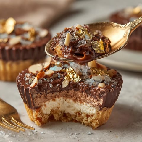 Ein Choco-Marzipan Cookie Cup mit Schokoladenglasur und Goldflakes.