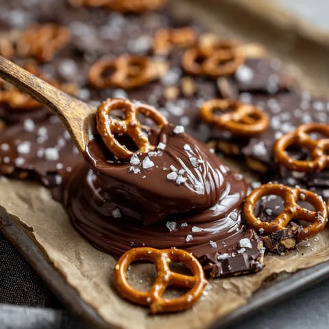 Ein Bogen Chocolate Pretzel Bark mit Salz darauf.