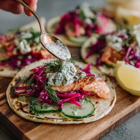 Ein Taco mit Salat und Smoked Trout auf einem Holzbrett.