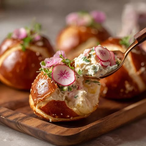 Ein Holzbrett mit Pretzel-Sliders, die mit Obatzda und Radish-Rosen garniert sind.