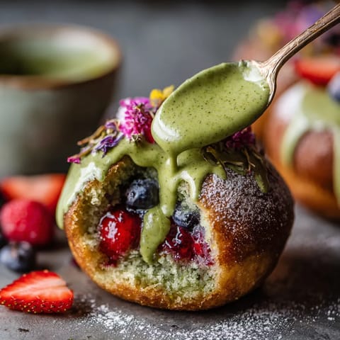 Ein Berliner Donut mit einer Schicht aus Matcha-Teig und frischen Beeren.