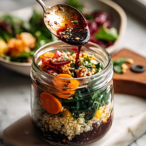 Ein Glas mit Quinoa Sauerbraten Salat in einem Topf.